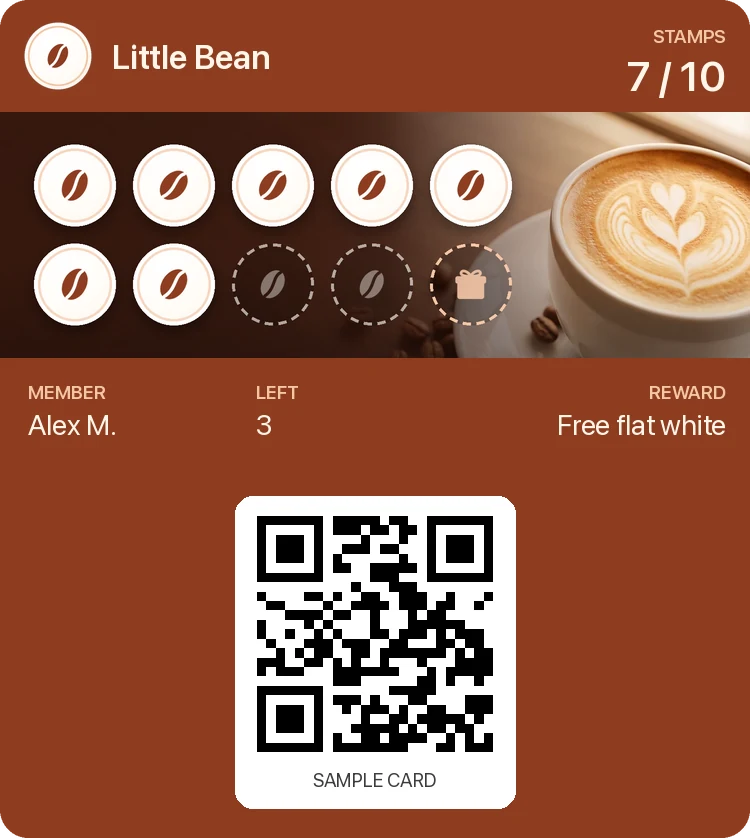 Sample Little Bean loyalty card with seven of ten stamps and a free flat white reward